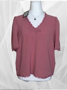Adrianna Papell Rose V-Neck Tie Front Lace Trim Top NWT